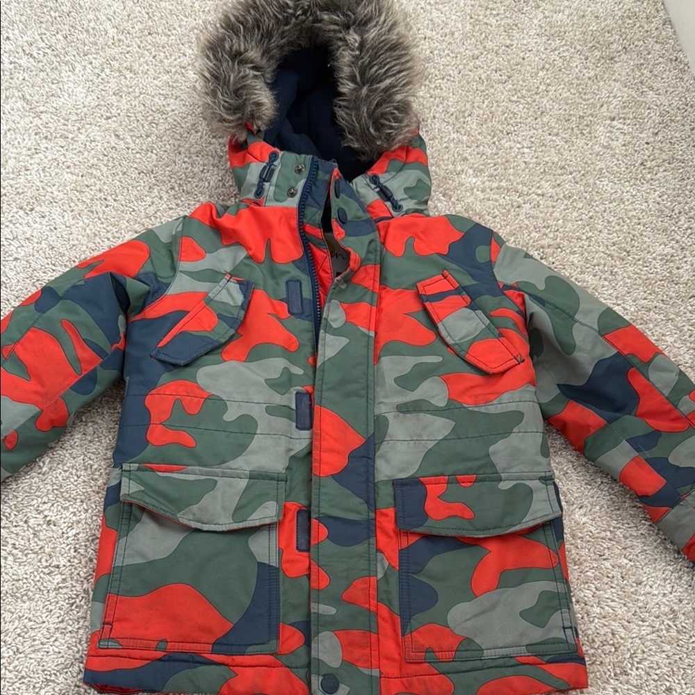 Boden boys Camouflage Hooded Jacket with Faux Fur Trim
